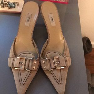 Nude buckled Prada Kitten heel slides